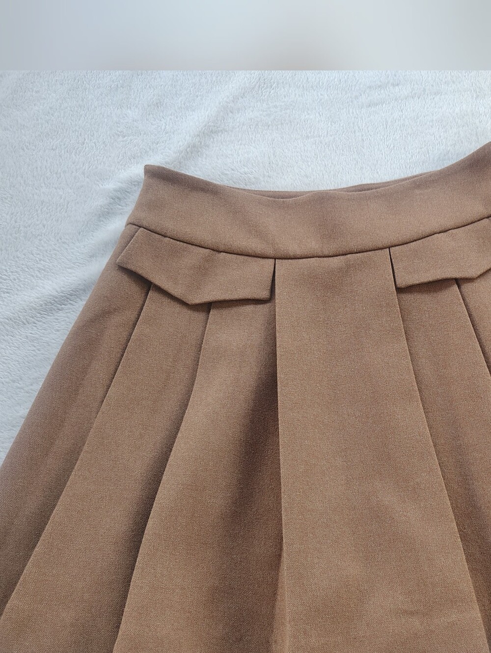 High-Waist Pleated Tan Skater Skirt - Picture 14 of 14